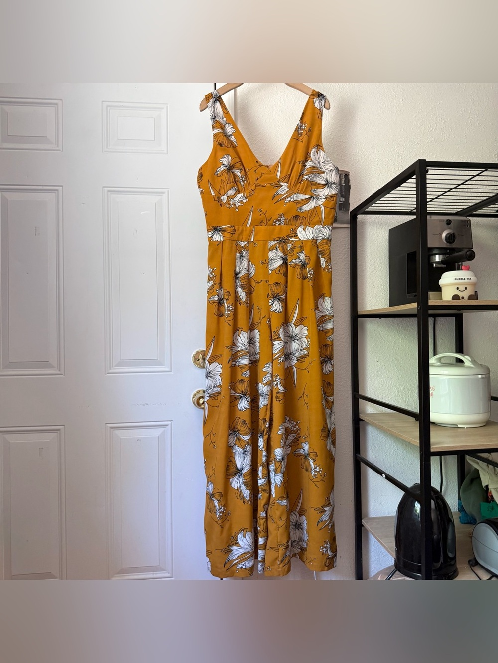 VOODOO VIXEN mustard yellow white floral v-neck back wide‎ straight leg jumpsuit